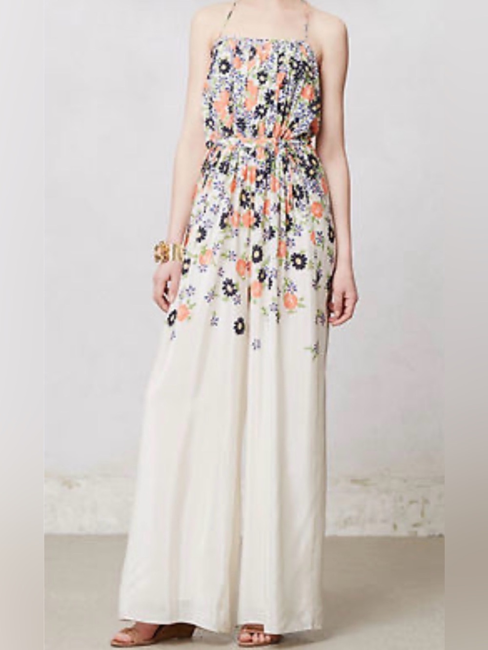 Anthropologie Elevenses Tupsa Floral Silk Wide Leg Jumpsuit Ivory Coral Blue 4